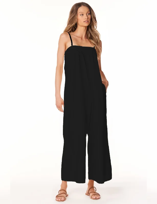 Women's Casual Wear Outfit Urban Femme Streetwear Square Neck Cami Wide Leg Jumpsuit, Black