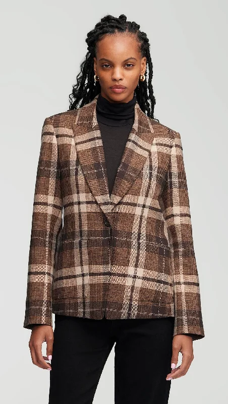 Women's Resort Attire Latest Fashion Patch Pocket Blazer in Wool Plaid | Brown Plaid