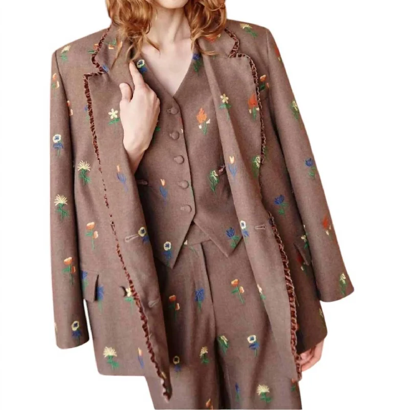 Women's Comfortable Garments Seasonal Style Discounts Double Breasted Blazer With Floral Embroidery In Chestnut