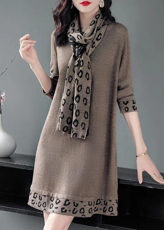 Women's Night-Out Outfit Chic Style Camel Print Patchwork Knitted Dress O-Neck Scarf Long Sleeve