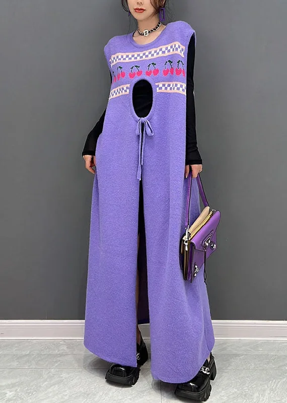 Formal Outfit For Women Update With Cottagecore Styles Casual Purple Print Side Open Cashmere Knit Long Dresses Sleeveless