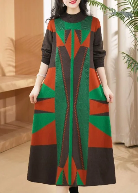 Plus-Size Women's Garments Pastel Styles Chic Green O Neck Geometric Woolen Long Knit Dress Winter