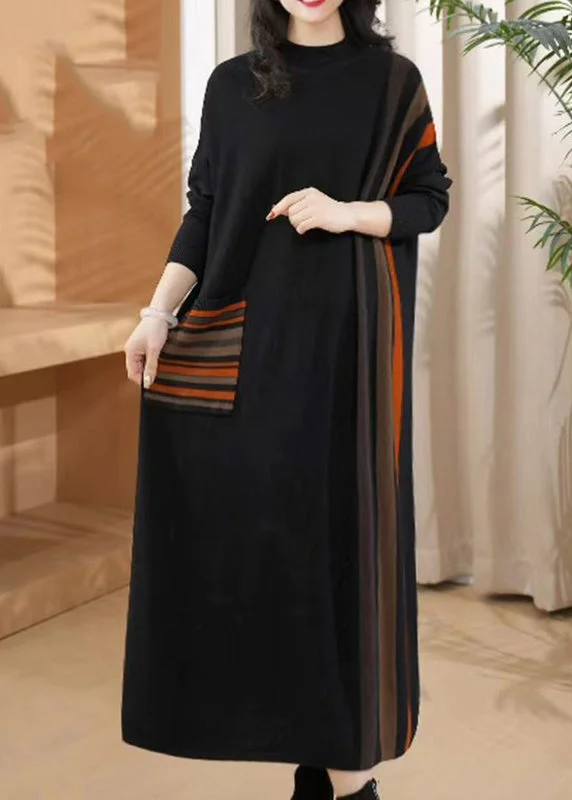 Women's Evening Garments Wardrobe Essentials Fashion Black O-Neck Striped Patchwork Thick Cotton Knit Long Dress Winter