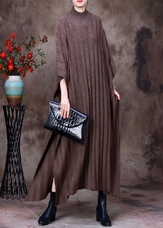 Women's Date Night Outfit Style Upgrade Classy Light Chocolate Turtleneck Knit Maxi Sweaters Dress Long Sleeve