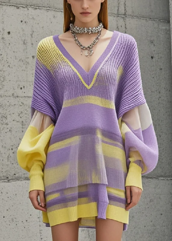 Women's Clothing For Work Chic Urban Fashion Look Organic Purple Tie Dye Patchwork Knitwear Dress Lantern Sleeve