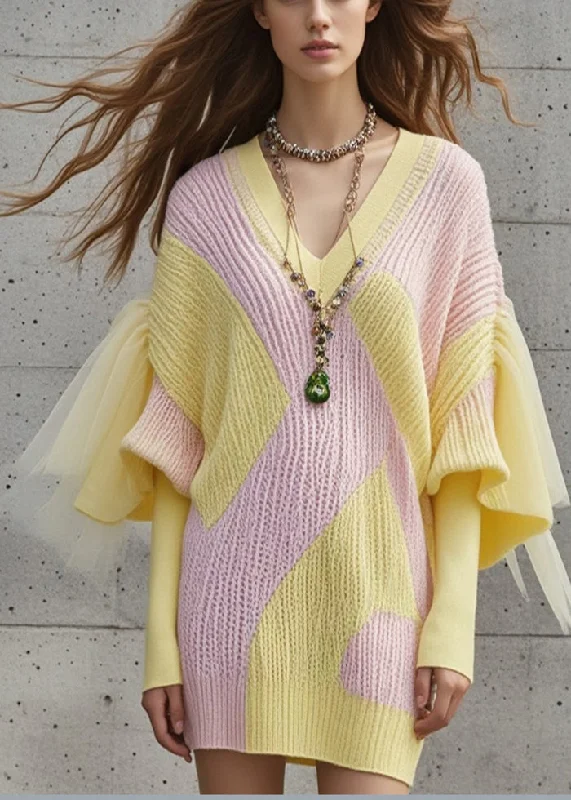 Women's Clothes For Outdoor Events Seasonal Trend DIY Colorblock V Neck Patchwork Tulle Sweater Dress Fall