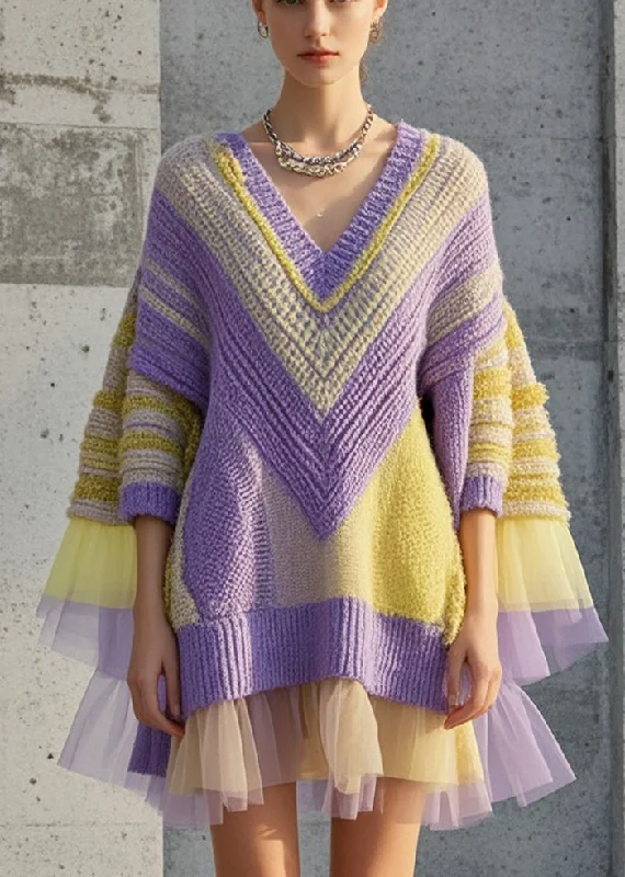 Women's Elegant Clothing Sets Contemporary Elegance Original Design Purple Oversized Patchwork Knit Dress Fall