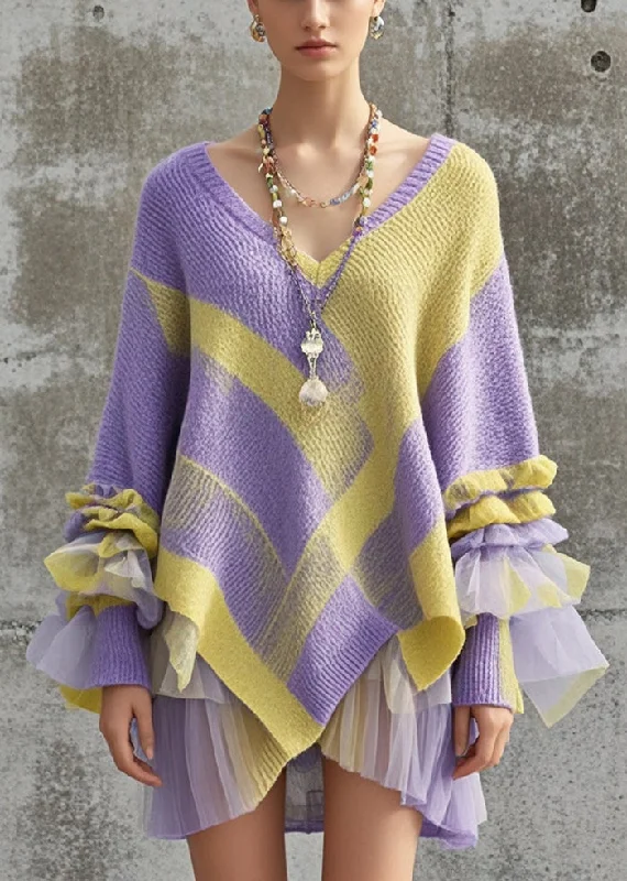 Women's Party Clothes Effortless Style Fashion Purple Asymmetrical Patchwork Tulle Knitwear Dress Fall