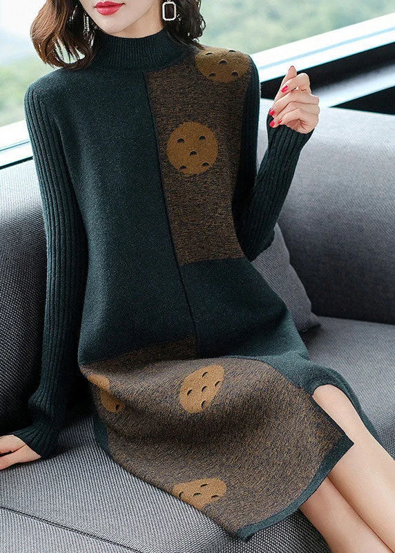 Women's Chic Outerwear Outfit Trend Alert Blackish Green Patchwork Cashmere Knitted Dress Stand Collar Print Long Sleeve