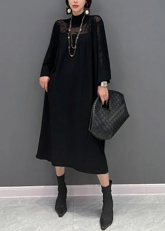 Women's Office Clothing Weekend Special Black Turtleneck Hollow Out Knit Maxi Dress Fall