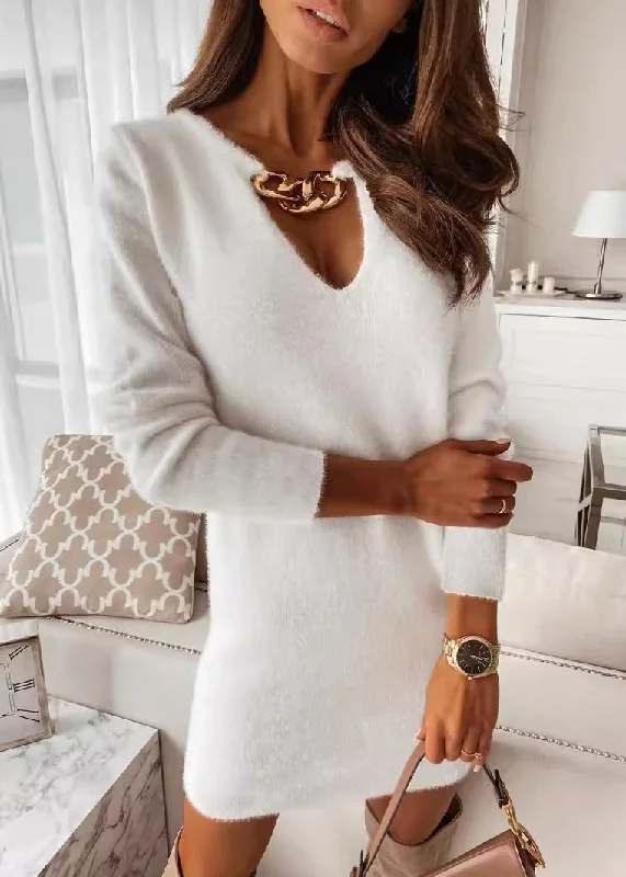 Timeless Women's Clothes Vintage Elegance Women White V Neck Chain Linked Mink Hair Knitted Dress Fall