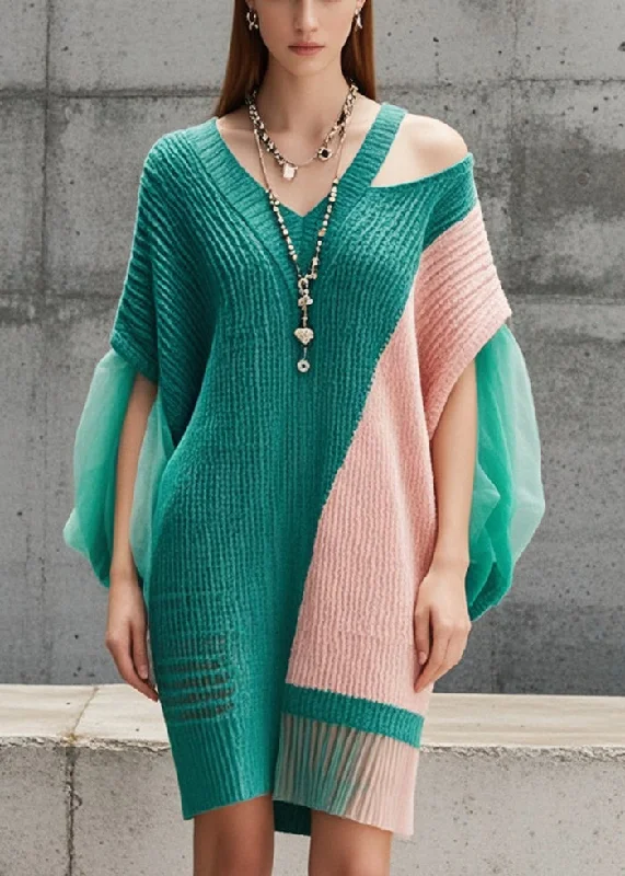 Women's Clothing For Everyday Wear Luxe Layering Elegant Tea Green Cold Shoulder Patchwork Tulle Long Sweater Fall