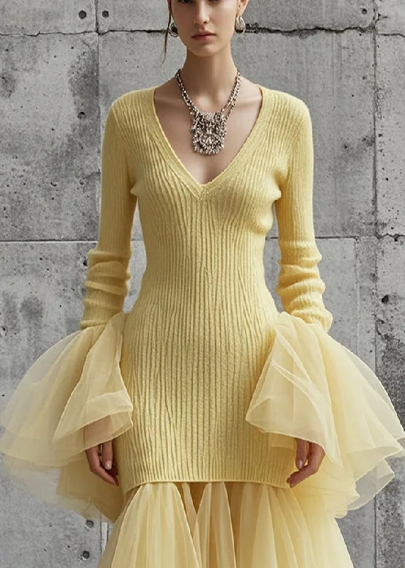 Women's Trendy Apparel Vibrant Femme Fashion Style Yellow V Neck Patchwork Tulle Knitwear Dress Flare Sleeve