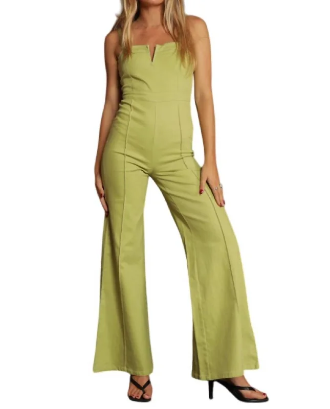 Women's Holiday Clothing Hot Styles Denim V Neck Jumpsuit In Tea Leaf