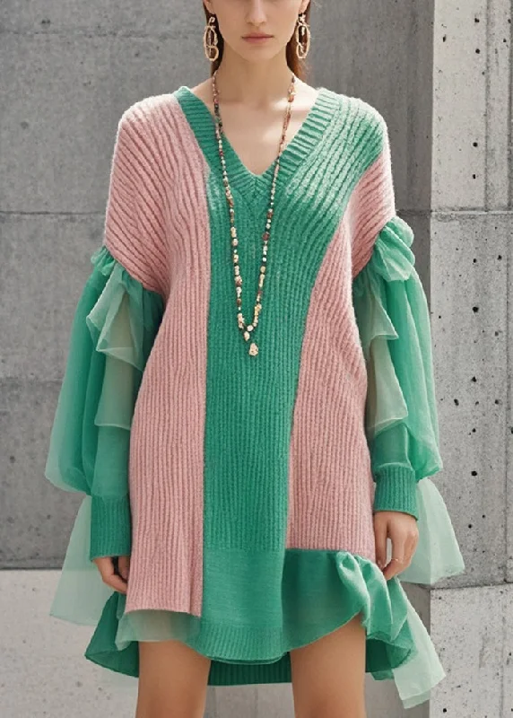 Women's Comfortable Clothes For Weekends Effortless Comfort Bohemian Colorblock V Neck Patchwork Tulle Knitwear Dress Fall