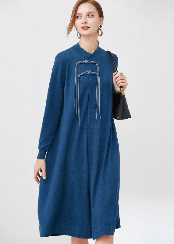 Sustainable Fashion Clothing For Women Lighten Up With Nordic Styles Women Blue Stand Collar Wool Knit Long Dresses Long Sleeve