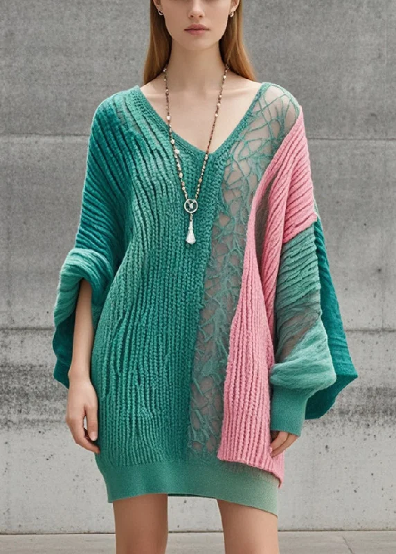 Affordable Women's Clothing Everyday Glamour French Green Asymmetrical Patchwork Long Knit Dress Batwing Sleeve