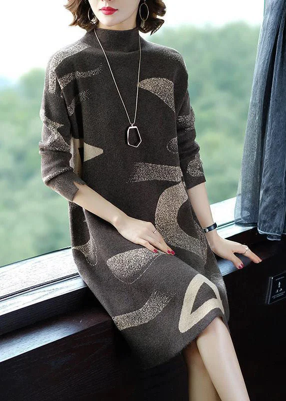 Women's High-Fashion Outfit Cool Prices French Khaki Stand Collar Oversized Print Cashmere Sweater Dress Long Sleeve