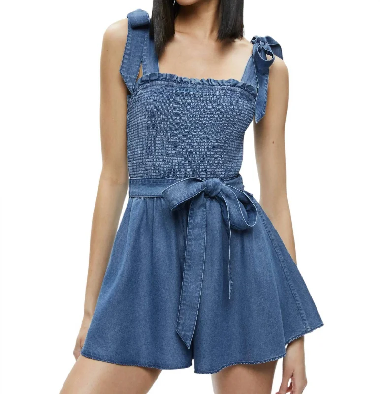 Women's Evening Clothes Unleash Your Trend Driven Style Roz Smocked Chambray Romper In Indigo