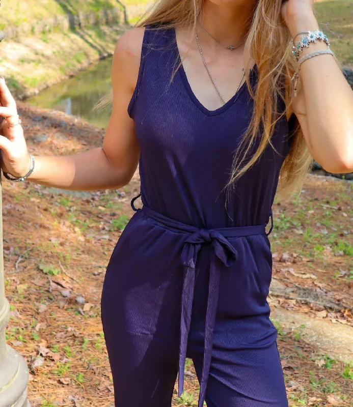 Vintage-Inspired Women's Clothes Runway Inspired Wear Jewel Flare Leg Ribbed Jumpsuit In Navy