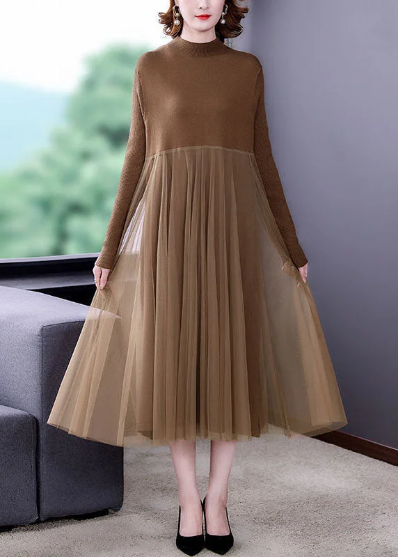 Women's Plus-Size Casual Outfit Chic Styles Unique Khaki Stand Collar Tulle Patchwork Knit Long Dress Long Sleeve