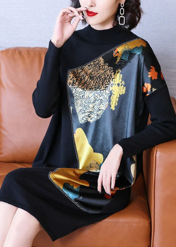 Women's Trendy Casual Outfit Big Savings Casual Black Stand Collar Asymmetrical Patchwork Print Knit Long Sweater Winter