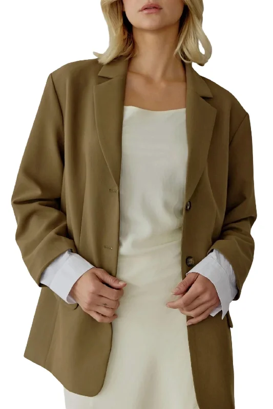 Stylish Women's Clothing Feminine Elegance Classic Two Button Front Blazer With Contrasting Sleeve In Olive Brown