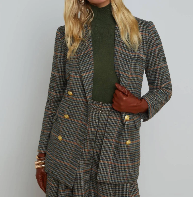 Women's Stylish Outdoor Outfit Spring Wardrobe Plaid Aimee Double Breasted Blazer In Tan/teal