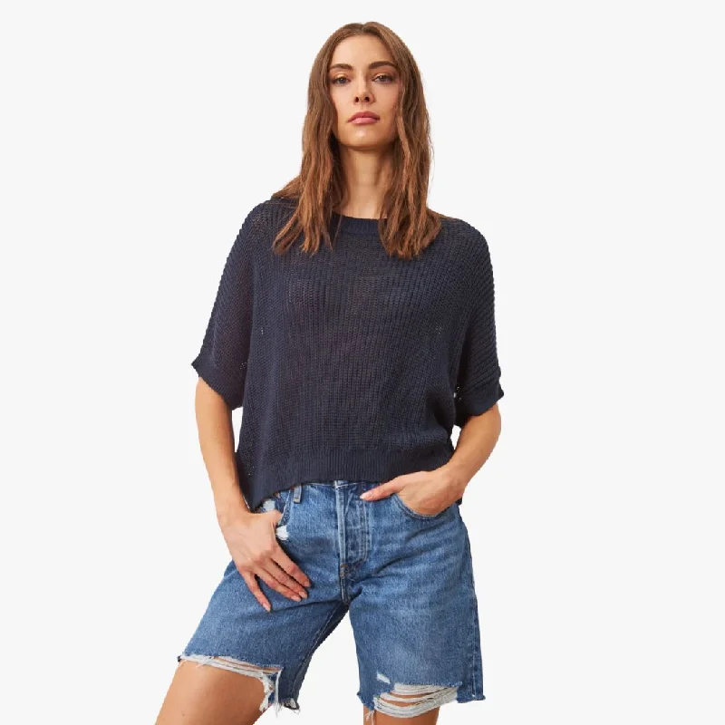 Women's Luxury Attire Save On Inspired Styles Emersyn Short Sleeve Knit Sweater (Prussian Blue)