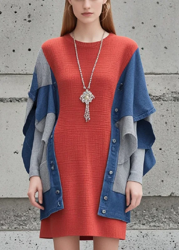 Affordable Trendy Clothes For Women Alluring Design Modern Red Oversized Patchwork Knit Fake Two Piece Dress Fall