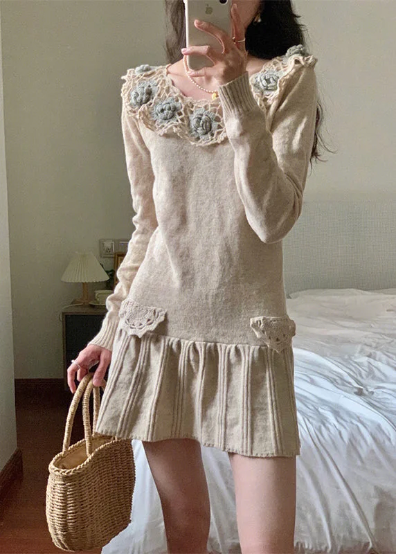 Women's Everyday Garments Big Savings Floral Apricot Hollow Out Patchwork Knit Mid Dress Winter