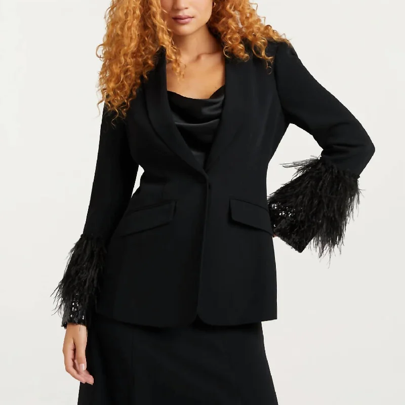 Women's Elegant Garments Designer Wear On Sale Cheyenne Sequin Feather Trim Blazer In Black