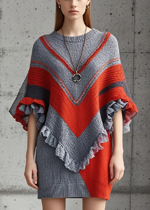 Women's Holiday Clothes Refined Look Elegant Grey Ruffled Patchwork Knitted Dress Batwing Sleeve