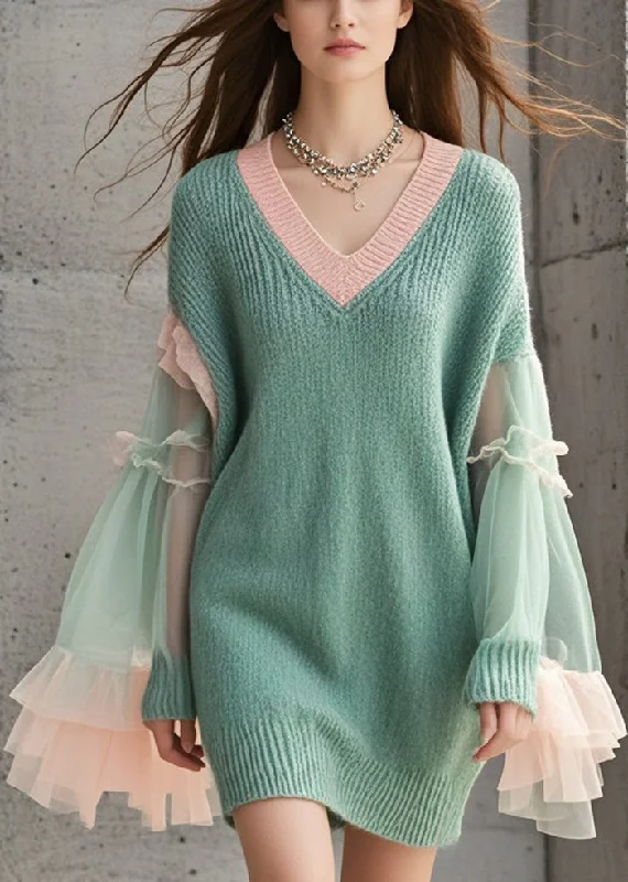 Chic Clothing For Women Vintage Retro Party Wear Women Green V Neck Patchwork Tulle Knitwear Dress Flare Sleeve