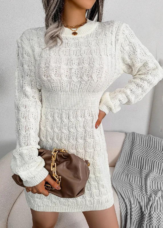 Women's Fashion Clothes Bold Patterns Women White O Neck Slim Fit Knit Sweater Dress Fall