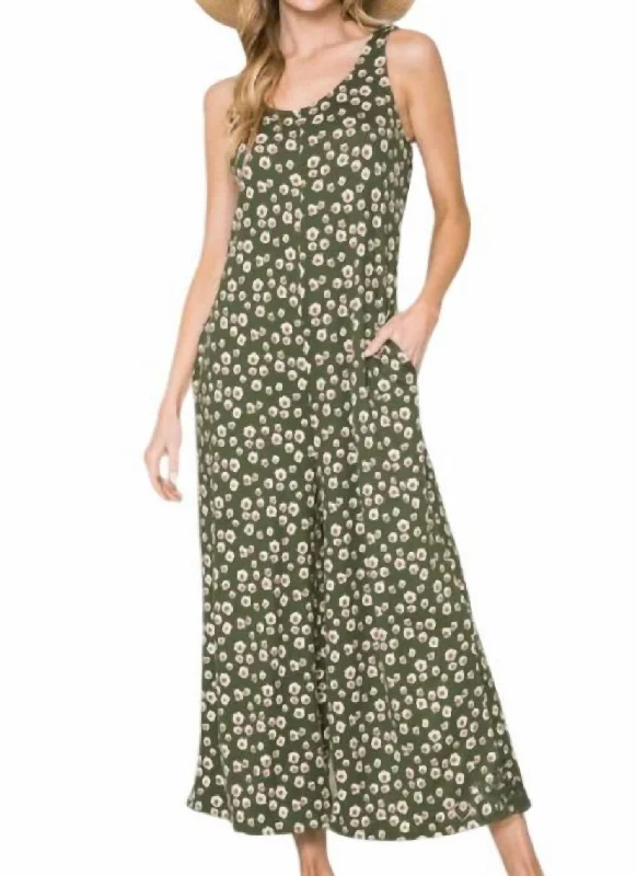 Casual Attire For Women Effortless Grace Maria Flower Power Jumpsuit In Olive