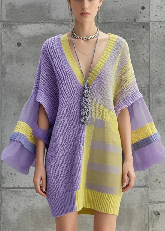 Women's Everyday Clothes Playful Elegance Women Lavender Asymmetrical Patchwork Tulle Knitwear Dress Fall