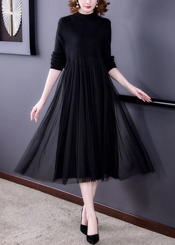 Women's Work Outfit For The Office Limited-Time Offer Black Patchwork Tulle Knit Long Dress Exra Large Hem Long Sleeve