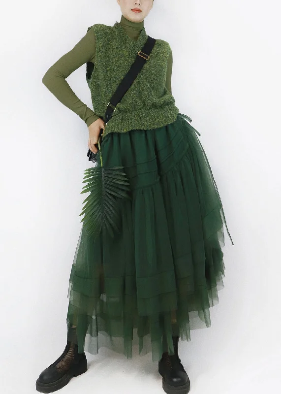 High-Fashion Women's Clothing Big Savings On Minimalist Office Styles Italian Green V Neck Asymmetrical Tulle Patchwork Knit Long Dress Fall