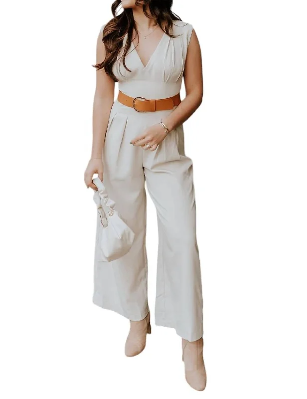 Charming Women's Holiday Apparel Snag Fabulous Fashion Bargains Nova Sleeveless Belted Jumpsuit In Beige