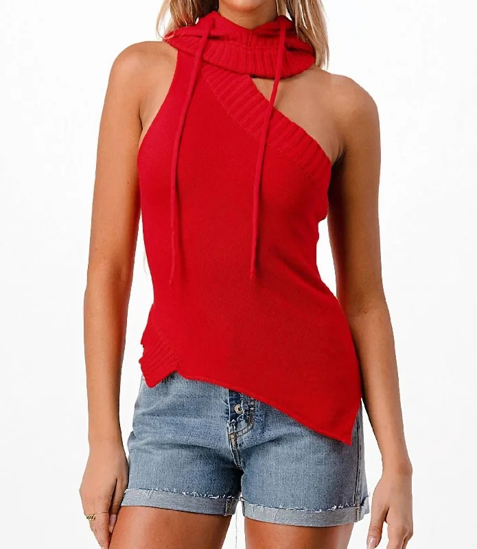 Women's Festive Attire Vibrant Femme Fashion Knit Sleeveless Hoodie Top With Asymmetrical Hem In Red