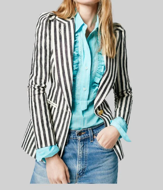 Casual Apparel For Women Attire Sale Box Pleat Blazer In Black Awning Stripe