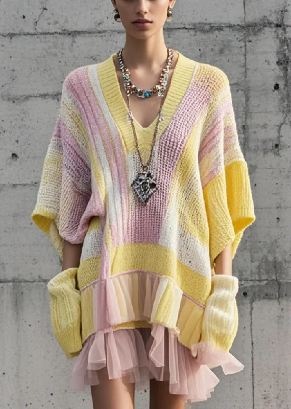 Women's Trendy Casual Clothes Fashion-Forward Style Unique Multicolor Oversized Patchwork Tulle Knit Sweater Dress Fall