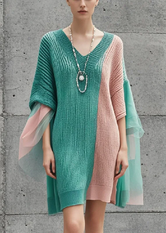 Women's Outerwear Clothing Rustic Countryside Charm Look Women Colorblock Asymmetrical Patchwork Knit Sweater Dress Fall