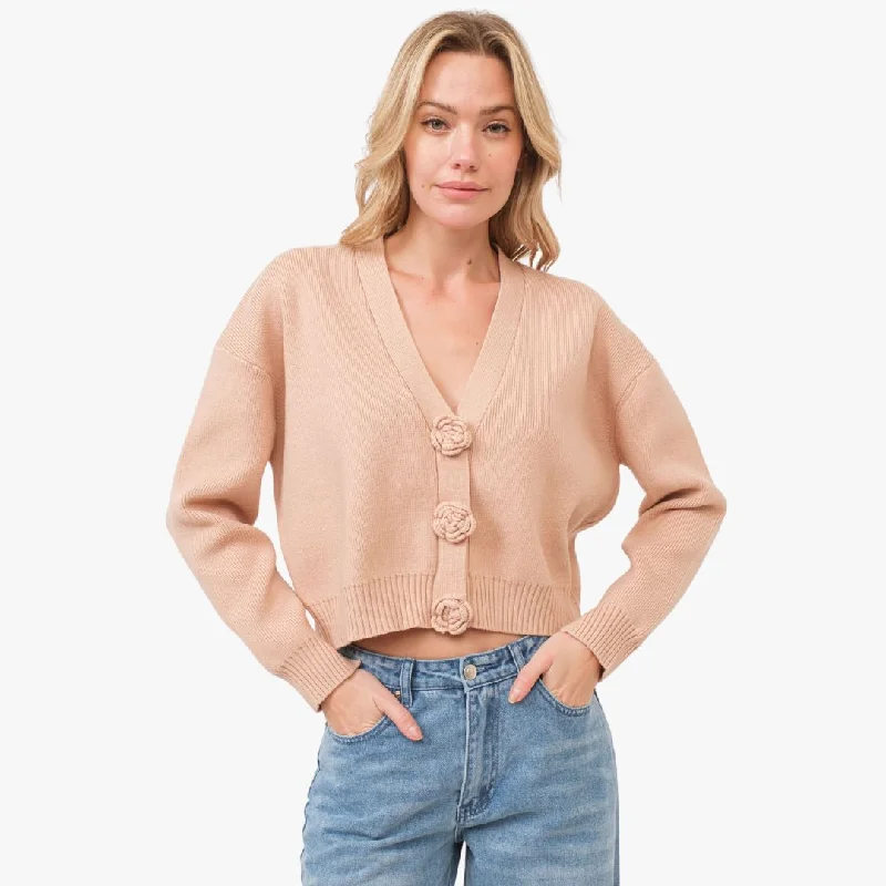 Stylish Women's Garments Chic Outfits Knitted Rosette Detail Cardigan (Nude)