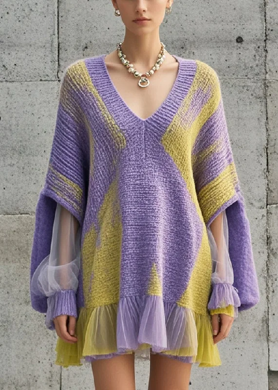 Plus-Size Women's Clothing Feminine Soft - Hued Look Women Purple Oversized Patchwork Tulle Knit Dress Fall