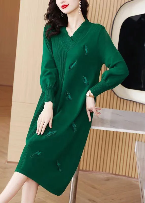 Women's Activewear Apparel Save Big Women Green V Neck Patchwork Woolen Knit Sweater Dress Winter