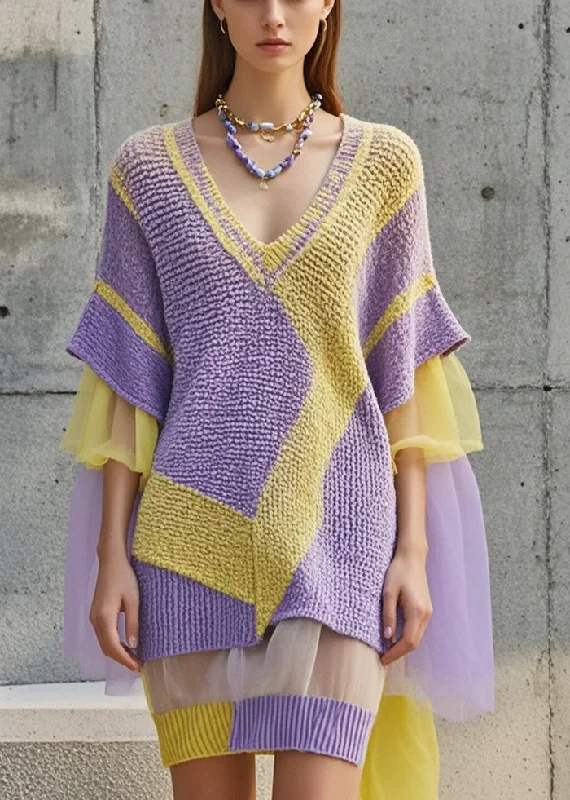 Women's Cozy Clothes Elegant Details Chic Purple V Neck Patchwork Tulle Sweater Dress Fall