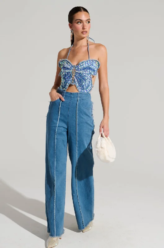 Women's Travel Apparel Bid Farewell To The Old Season SPREAD YOUR WINGS DENIM BUTTERFLY JUMPSUIT