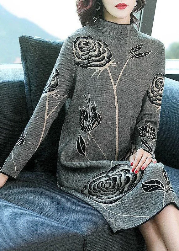 Women's Travel Outfit Set Fashion Forward Elegant Black Stand Collar Print Knit Sweater Dress Winter